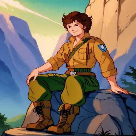 xladyjx, black eyes, brown hair, short hair uniform, yellow jacket, green pants, belt, brown combat boots