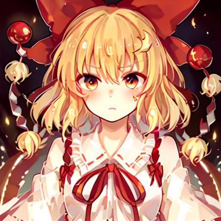 satsuki_rin_touhou blonde_hair, ribbon, bow, hair_bow, short_hair, yellow_eyes, hair_ornament, hair_ribbon, red_bow, red_eyes, red_skirt, 