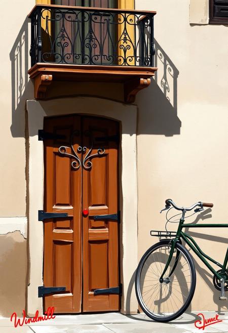 This is a vibrant detailed, impressionistic digital painting, showcasing a charming, rustic scene. The central focus is a wooden door with intricate, decorative ironwork above it. The door is painted in warm, earthy tones of brown and beige, with a hint of red in the hinges and a small red circle near the top. The door is slightly ajar, revealing an arched, metal grillwork design behind it. Above the door, there is a small, ornate balcony with an iron railing, painted in a dark, almost black hue, which adds contrast to the warm colors of the door. The shadow of the balcony is projected on the wall to the right.
To the right of the door, a vintage-style bicycle leans against the wall, its tires and frame rendered in a dark shade with visible spokes. The bicycle's presence adds a touch of modernity to the otherwise traditional scene. The background of the painting features the side of a building, with its texture and colors rendered in a loose, watercolor style, using shades of beige, white, and light brown. The artist's signature, "Windmill," is visible in the bottom right corner.
The overall mood of the painting is tranquil and nostalgic, capturing a moment in time with a blend of traditional and contemporary elements.