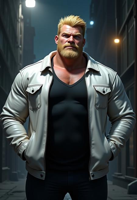 gay bara manga by Goh Fujimoto and Gengoroh Tagame as hyperealistic dark cgi scifi movie 3d 2.5d render with realistic professional lightning and advanced 3D shading tech, depicting a serious stern blonde hairy german musclechub wearing a white leather jacket and black v-neck tshirt , very hairy chest, his face is round and he has crooked small nose and a doublechin, in a dark megastructure megacity, hands in jacket pockets while having an epic main protagonist pose with a fitting dramatic camera angle, detailed high resolution textures, dark shadown with dynamic rimlight
