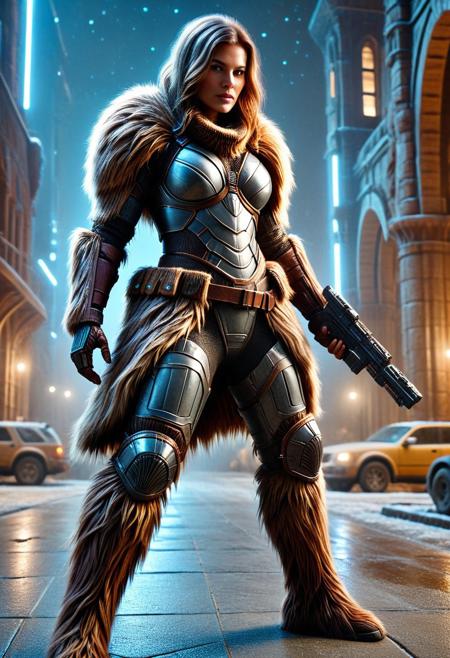 dynamic pose, low light, night time, 1girl, armour, bounty hunter outfit, covered in fur, made of w00kiee, science fiction. sci-fi, architecture, outdoors, dynamic composition, absurdres, high quality, masterpiece