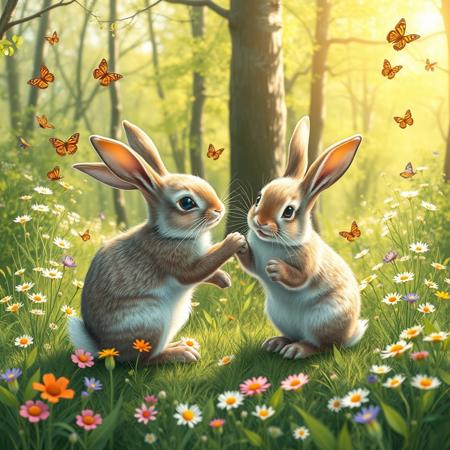 Two bunnies playing with each other in a bright forest clearing. There are many flowers and butterflies. It is a sunny spring day.