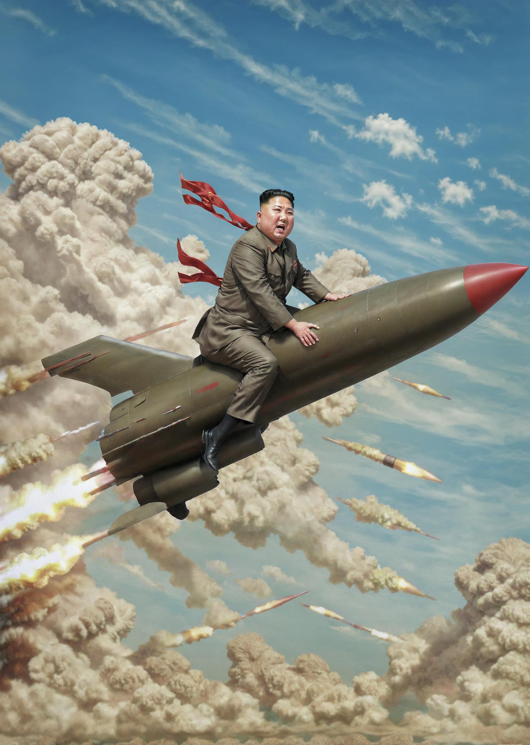 A painting of a man riding a rocket with missiles in the background.