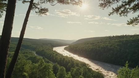 The camera pans over a sprawling landscape of towering trees, rolling hills, and flowing rivers, the sun hanging high in the sky. Birds chirp in the distance, and the wind rustles through a nearby forest, 80s movie<lora:vhs_footage_4-10:1.0>
