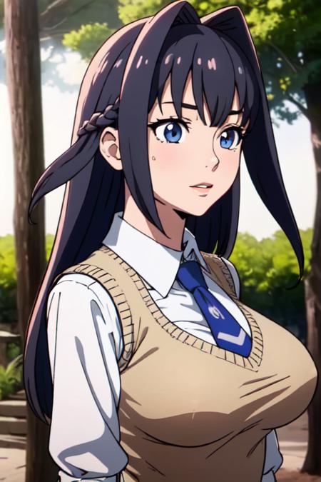 masterpiece, best quality, solo, anime screencap, Kronii, 1 girl,
long hair,  white shirt, necktie,  big breasts, sweater vest,
depth of field, blurry background, forest, portrait, wind, lens flare, good hands, center