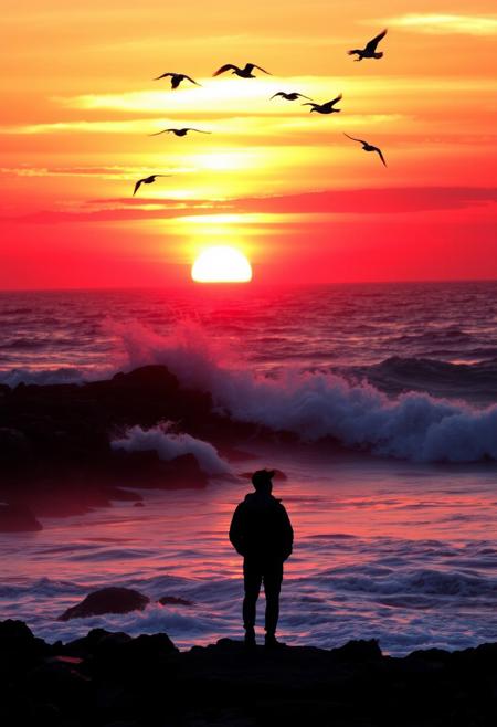This scene dramatically depicts a rocky shore line at sunset, with crashing waves and a sky ablaze with color. The sun hovers just above the water, its rays refracting through the mist to create a kaleidoscope of reds and oranges. Seabirds soar overhead, their wings catching the light as they glide across the crimson sky. In the foreground, a lone human figure, gazing at the enchanting horizon, their silhouette framed by the fiery sunset.