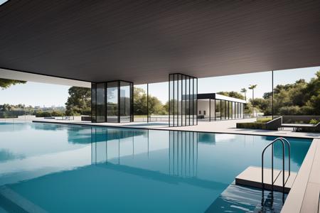 Modern architecture, super large swimming pool, super wide angle, woods, forest, retro,(masterpiece),(high quality), best quality, real,(realistic), super detailed, (full detail),(4k),modern, fashion,grand, vista,