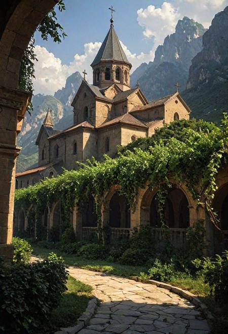Epic landscape, exceptional quality, masterpiece, extremely detailed, professional art, professional painting, extremely delicate and beautiful, dynamic, superb lighting, perfect shading, professional shading, depth of field, soft sidelight, elegant, magnificent, highly detailed, long shot, uncropped, pure genius, absolutely perfect, breathtaking,
Steel Vine Monastery