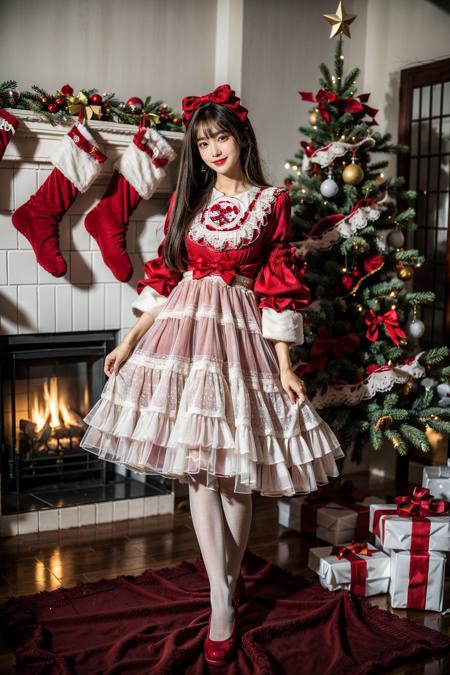 best quality, masterpiece, photorealistic, 1girl, solo, long straight hair, looking at viewer, smile, cyb dress, lace-trimmed dress, layered dress, wide sleeves, bow, red footwear, white pantyhose, indoors, christmas, christmas tree, christmas ornaments, <lora:christmas_dress_style1_v1:0.7>, <lora:add_detail:1>