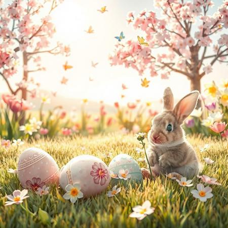 "Create a cute and cozy Easter-themed image made in soft pastel sequences. In the foreground, several bright Easter eggs are formed, decorated with beautiful patterns and flowers that have remained on the soft grass. Next to the eggs, a small rabbit with eyes and fluffy fur sits, holding a flower in its paws.
In the background, there are blooming trees with pink and white flowers, as well as spring flowers such as tulips and daffodils. The soft sun shines in the sky, creating a warm holiday atmosphere. Add a few butterflies fluttering around to keep the spring mood.
The overall lighting should be soft and warm to create a feeling of coziness and joy