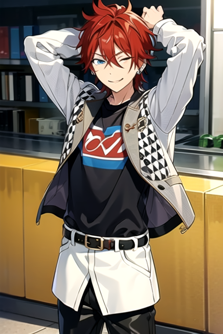 <lora:RinneAmagi-05:0.7> ,rinne, solo, looking at viewer, smile, blue eyes,  shirt, long sleeves, 1boy, hair between eyes, jewelry, jacket, male focus, red hair, earrings, one eye closed, belt, pants, arms up, black pants, checkered clothes, layered sleeves, print shirt, short over long sleeves