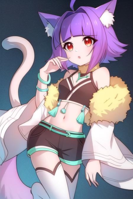 ah miao, small breasts, short hair, purple hair, blunt bangs, hair intakes, red eyes, ahoge, animal ears, tail, cat tail, tail ornament, cat ears, animal ear fluff, midriff, navel, thighhighs, crop top, fur trim, shorts, cat girl, long sleeves, wide sleeves, bare shoulders, bracelet, shorts, multicolored shorts, black shorts, white shorts, solo
