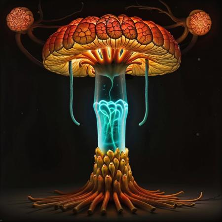 (masterpiece, top quality, best quality, official art, beautiful and aesthetic:1.2), neonpophaeckel, a neon mushroom, black background (no humans:2) <lora:Neon Pop Haeckel:1.0>