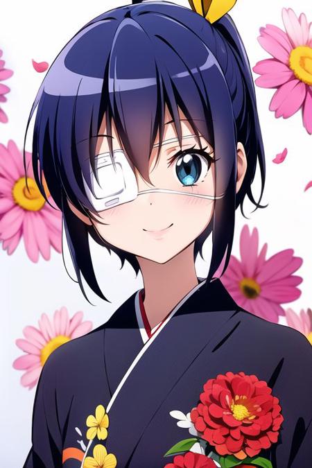 masterpiece, best quality , blue eyes ,
short blue hair , side ponytail, hair ribbon, smile precure!,
eyepatch,flower kimono