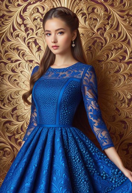 blueberrym0rph, blueberry dress, intricate details, ultra sharp, exquisite detail, flawless composition, vivid colors, masterpiece, Super model, portrait, stoic, expressionless, beautiful, photorealistic, UHD, 8K, masterpiece, detailed, ultra_high_resolution, lots of detail, YurYuna, brown hair, modest, sfw, gorgeous, looks beautiful and aesthetic, colorful background, key visual, luxurious, artistic, high resolution, digital art, visual aesthetics, contemporary design, vibrant colors, artistic composition,  elegant, intricate detailing, modern,