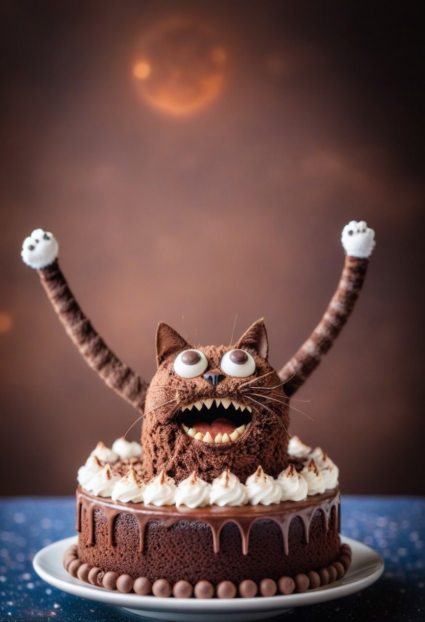 an expressive chocolate cake, detailed, perfect composition, googly eyes, sharp chocolate teeth, chocolate cat with extra long legs, in space. Close up, blurry background.