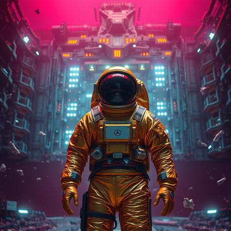 A cinematic shot of an astronaut in a vibrant golden spacesuit standing in the foreground, with a massive, intricate space station or spacecraft as the backdrop. The space station is adorned with numerous lights, windows, and technical details. The astronaut's suit is equipped with various gadgets and patches. The atmosphere is filled with floating debris and a hazy magenta glow