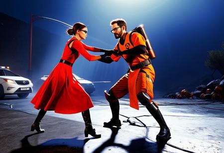film photo HalfLife, Gordon Freeman with Gman, Strider:1.5  and Civil Protection ,Gordon Freeman is fighting with woman , with long red dress, fresh texture, high-resolution image, an amazing play of light and shadow , 8k, perfect faces, fight, realistic, photorealism