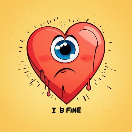 A cartoon-style broken heart character with large, expressive eyes filled with sadness, tears streaming down its face, and a sorrowful expression. The heart has visible cracks and a slightly uneven shape, emphasizing its broken state. Below the heart, the text "I'll be fine" is displayed in a colorful, expressive font, slightly wavy and hand-drawn, adding to the emotional yet hopeful tone. The background is simple, allowing the character and text to stand out clearly. Soft shading and vibrant colors enhance the depth and emotional impact. (masterpiece:2), best quality, ultra highres, original, extremely detailed, perfect lighting.