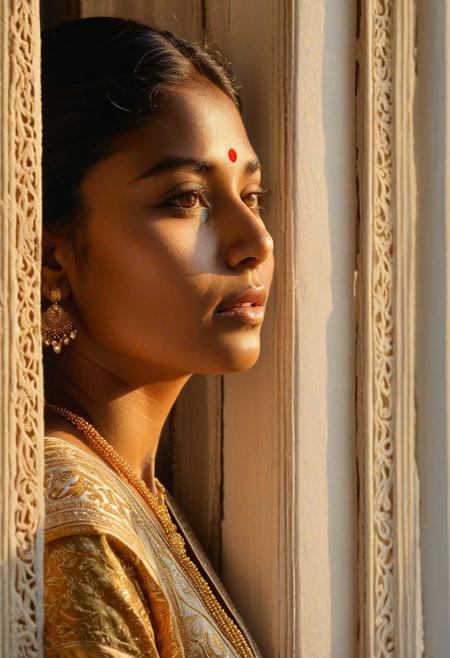In this prompt, a scene unfolds where an Indian woman of striking beauty gazes thoughtfully through the ancient panes of a small window. The camera, positioned outside, captures a close-up shot of her face, bathed in the gentle embrace of golden light. With a simple yet elegant demeanor, she exudes an air of timeless grace, her expression neutral yet captivating. As the light enhances the three-dimensional quality of her features, her face emerges with a subtle depth, drawing the viewer into the quiet contemplation reflected in her eyes. This composition captures the essence of serenity and beauty, marrying the allure of tradition with the simplicity of elegance.