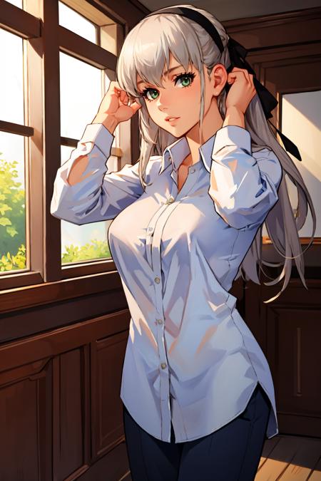 masterpiece, best quality, elie macdowell, hairband, hair ribbon, white dress shirt, khakis, fixing hair, looking at viewer, house, indoors, large breasts <lora:elie-nvwls-v2-sen4:0.9>