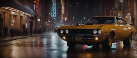 cinematic film still of a muscle car driving down a NYC street on a rainy night, filmic, vignette, highly detailed, high budget Hollywood movie, bokeh, cinemascope, moody, epic, gorgeous, film grain, grainy