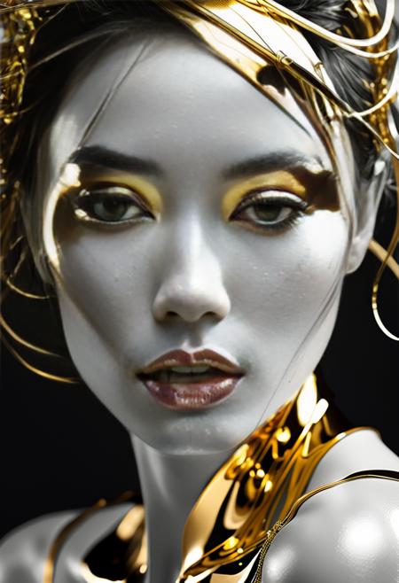 portrait Model Made of gold and silver. Elegant and very beautiful. Crisp and Intricate Photorealism, Shot on a Sony A7RIII | Elaborate artwork on off-white paper by Tsutomu Nihei and Benedick Bana, highlighting the beauty and sensuality. Dive deep into the intricacies of serenity with soft, flowing lines and chaos with jagged, intense strokes. Painting, illustration, vibrant, cinematic, photo, portrait photography, fashion (more-detail:1.2)