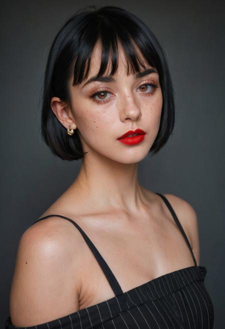 stylish mugshot portrait against a dark background wih vertical white pin stripes, low camera angle, stunning woman with sleek, black hair, short pageboy cut with bangs, barre shoulders, hoop ear rings, bright red lipstick that pops against her soft skin, square shaped face, tired bedroom eyes, freckles, posing in a sharp, high-contrast digital illustration. rendered in mesmerizing style with bold lines, captivating textures, and intricate details.