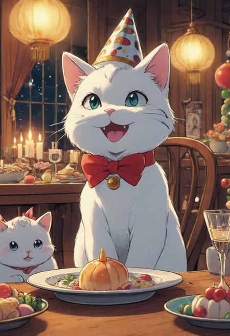 score_9, score_8_up, score_7_up, 
(source_anime, rating_safe, Animal focus), 
(cute cat, wide smile, open mouth, sparkly eyes, blushing, wearing party hat), 
(white cat, solo, white fur, tail, red ribbon), 
(party, table, fish on plate, party decorations) 
BREAK 
(on table)