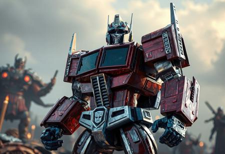 The image features Optimus Prime, the Perfect Machine King from Transformers, standing majestically in a dynamic action pose against a backdrop of a Beast Burial Ritual. The character is intricately detailed with lifelike features, super detailed face, eyes, and clothes, handcrafted with precision. The 4K image boasts exceptional quality, stunning colors, harmonious composition, captivating lighting, and vivid emotions. The character's red and blue body with silver accents creates a high-contrast and visually striking effect. This masterpiece is rendered with Octane Render, using high definition, 8k resolution, complementary colors, and cgsociety techniques, making it trend on Artstation.
