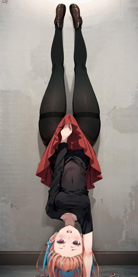 masterpiece, best quality, ultra-detailed, illustration, 1girl, lycoris challenge \(meme\), one arm handstand, upside-down,  <lora:ChisatoHandstand:0.6>, black tshirt, red skirt, pink hair, pantyhose, medium breats