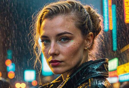 book cover of a vintage return of the cyberpunk army in neon city, raining, cinematic lighting, 4 k, by greg rutkowski, ((wide shot)), (estabilshing shot), city street shot, (full body), ((looking to the right), looking away, neon, fog, volumetric, young woman in dark leather clothes, Aligned eyes,  Iridescent Eyes,  (blush,  eye_wrinkles:0.6),  (goosebumps:0.5),  subsurface scattering,  ((skin pores)),  (detailed skin texture),  (( textured skin)),  realistic dull (skin noise),  visible skin detail,  skin fuzz,  dry skin,  hyperdetailed face,  sharp picture,  sharp detailed,  (((analog grainy photo vintage))),  Rembrandt lighting,  detailed face,  8k resolution, <lora:epiNoiseoffset_v2-pynoise:-1>
