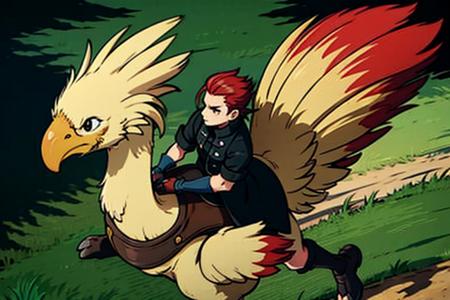 chicken, short hair, gloves, 1boy, male focus, red hair, boots, outdoors, black gloves, pants, fingerless gloves, black footwear, coat, bird, animal, from above, scar, black pants, black coat, riding, beak, oversized animal
<lyco:Chocobo_Lycoris:1.0>