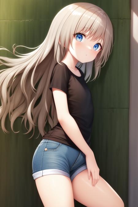 Masterpiece, Best Quality, beautiful detailed eyes, kud, <lora:kud_lora-000010:1.0>, tshirt, denim shorts