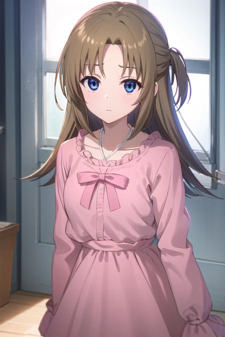 ringosugisaki, <lora:ringo sugisaki s2-lora-nochekaiser:1>,
ringo sugisaki, long hair, blue eyes, brown hair, half updo, (parted bangs:1.5),
BREAK long sleeves, dress, bow, bowtie, frills, skirt, (pink dress:1.3), white skirt, collarbone,
BREAK indoors, classroom,
BREAK looking at viewer, (cowboy shot:1.5),
BREAK <lyco:GoodHands-beta2:1>, (masterpiece:1.2), best quality, high resolution, unity 8k wallpaper, (illustration:0.8), (beautiful detailed eyes:1.6), extremely detailed face, perfect lighting, extremely detailed CG, (perfect hands, perfect anatomy),