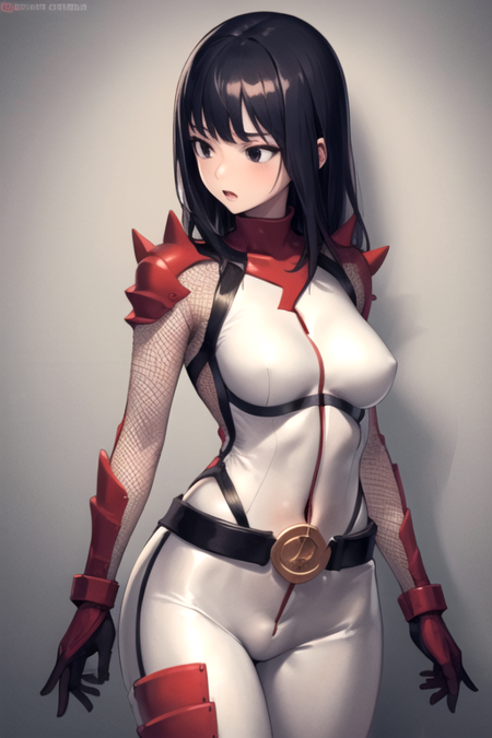 HibanaNightshade, 1girl, solo, long hair, large breasts, black hair, gloves, belt, armor, black eyes, white bodysuit, fishnets, skin tight, impossible clothes, ninja, spikes 