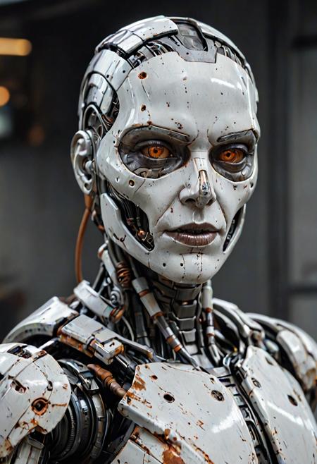 A cyborg with weathered white metal body, rust streaks, right eye is cybernetic, 8k, high quality, photorealistic