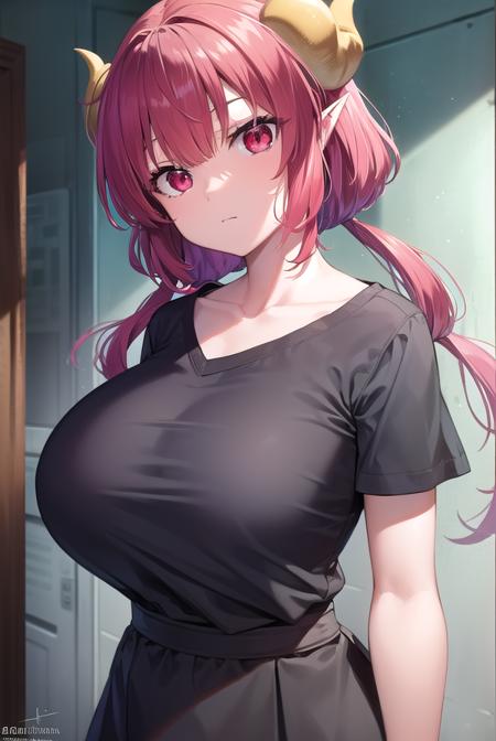 dragonilulu, <lyco:ilulu-lyco-nochekaiser:1>,
ilulu, curled horns, horns, long hair, multicolored hair, purple hair, (red eyes:1.5), red hair, (slit pupils:1.5), (large breasts:1.2),
BREAK black shirt, (long shirt:1.5), black thighhighs, collarbone, shirt, short sleeves, thighhighs, wide sleeves, zettai ryouiki,
BREAK looking at viewer, upper body, fully body,
BREAK indoors,
BREAK <lyco:GoodHands-beta2:1>, (masterpiece:1.2), best quality, high resolution, unity 8k wallpaper, (illustration:0.8), (beautiful detailed eyes:1.6), extremely detailed face, perfect lighting, extremely detailed CG, (perfect hands, perfect anatomy),