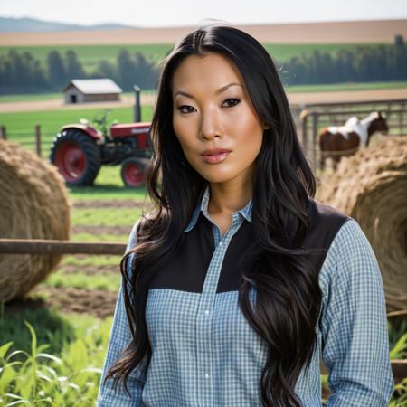 a photo of asa akira, on a farm, wearing modest clothes, best quality, detailed skin <lora:asaakirav3_SDXL:0.8>