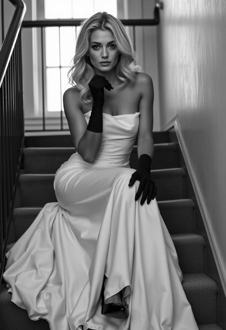 A striking black and white photograph of a A stunning blonde California model in a strapless white gown with a flowing train, seated gracefully on a staircase, exuding elegance. Her black gloves and high heels contrast beautifully, while loose waves frame her serious expression. A metal railing and a softly lit window enhance the sophisticated ambiance.