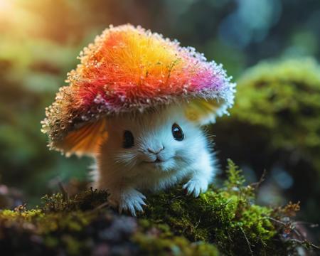 A photo of a rainbow colored smiling fluffy cute mushroom-boy on a moss covered branch, backlit, translucent, glow hyper realistic, natural soft rim light, cinematic lighting, concept art by arti stincent<lora:add-detail-xl:1> <lora:MJ52:0.5>