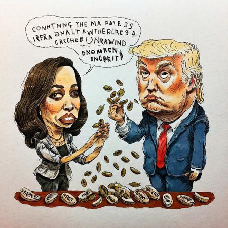 (extremely rough:1.5) (hand drawn:1.5) ink and color  (sketch:1.5) of Donald Trump and Kamala Harris counting and dividing beans, caricature  in cuneo style, (full character:1.4),   (irregular lines:1.5), complete outfit, candid pose,  extremely detailed, (surreal:1.5), paper texture background