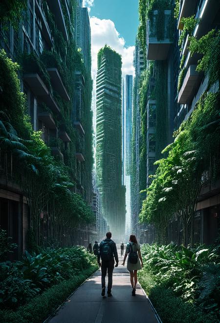 professional 3d model <lora:AB ILL Vehicle:1>,Andrew Bell,, city street,street,street photography,<lora:Beeple_scenery:1>,Beeple,scenery,a couple of people walking through a forest filled with tall buildings with plants growing on them and a sky background,, <lora:Metroplex Base:0.4>,a city scnery,, <lora:LetThereBeLight:0.3>,Beeple,lighting, . octane render, highly detailed, volumetric, dramatic lighting
