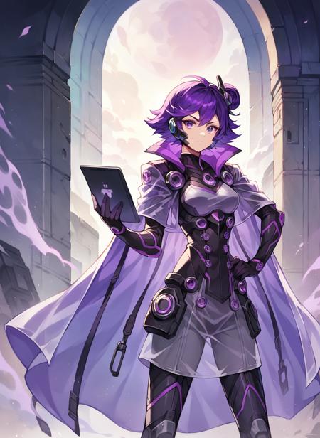 1girl，solo, backup sceretary , purple hair, hand on hip, cape, short hair, gloves, see-through, Hold. Tablet ， head-mounted display 