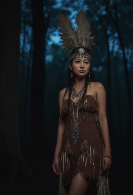 native princess wearing a amour and dress and headress while standing in a ancient forest at night