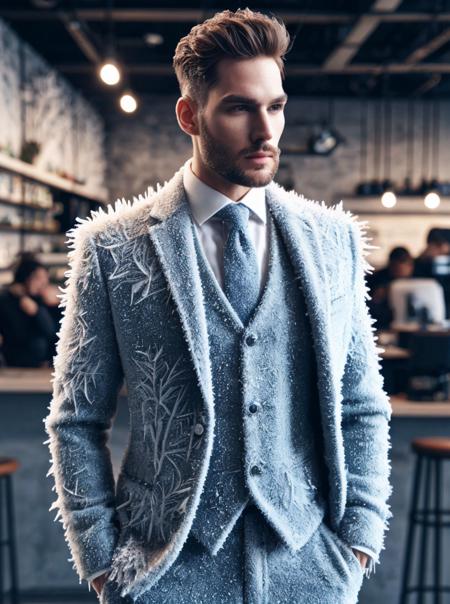 professional photo, (1male:1.2), posing, office suit made of ice and frost, IceFashion, complex coffee shop background
<lora:IceFashion:0.8>
<lora:pytorch_lora_weights:0.8>, , 8k uhd, dslr, soft lighting, high quality, (intricate details:0.9), (hdr, hyperdetailed:1.2)