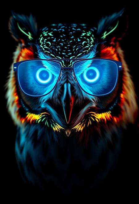 In a mesmerizing, hyper-realistic image, an owl's face is rendered in exquisite detail, with glow-in-the-dark face paint applied in a sleek, geometric pattern. The owl wears large, glowing aviator shades, their frames and lenses radiating a bright, electric blue light that complements the soft, ethereal glow of the face paint. The owl's eyes seem to gleam with a wise, knowing intensity, as if it's gazing into the very soul of the viewer. The glow-in-the-dark paint and shades are rendered in precise, photorealistic detail, with subtle texture and shading that creates a sense of depth and dimensionality. The surrounding darkness is pitch black, making the glowing paint and shades seem even more vibrant and hypnotic, as if the owl is radiating a mystical, otherworldly energy. Highest-Quality, 4k, intricate details, visually stunning, Masterpiece