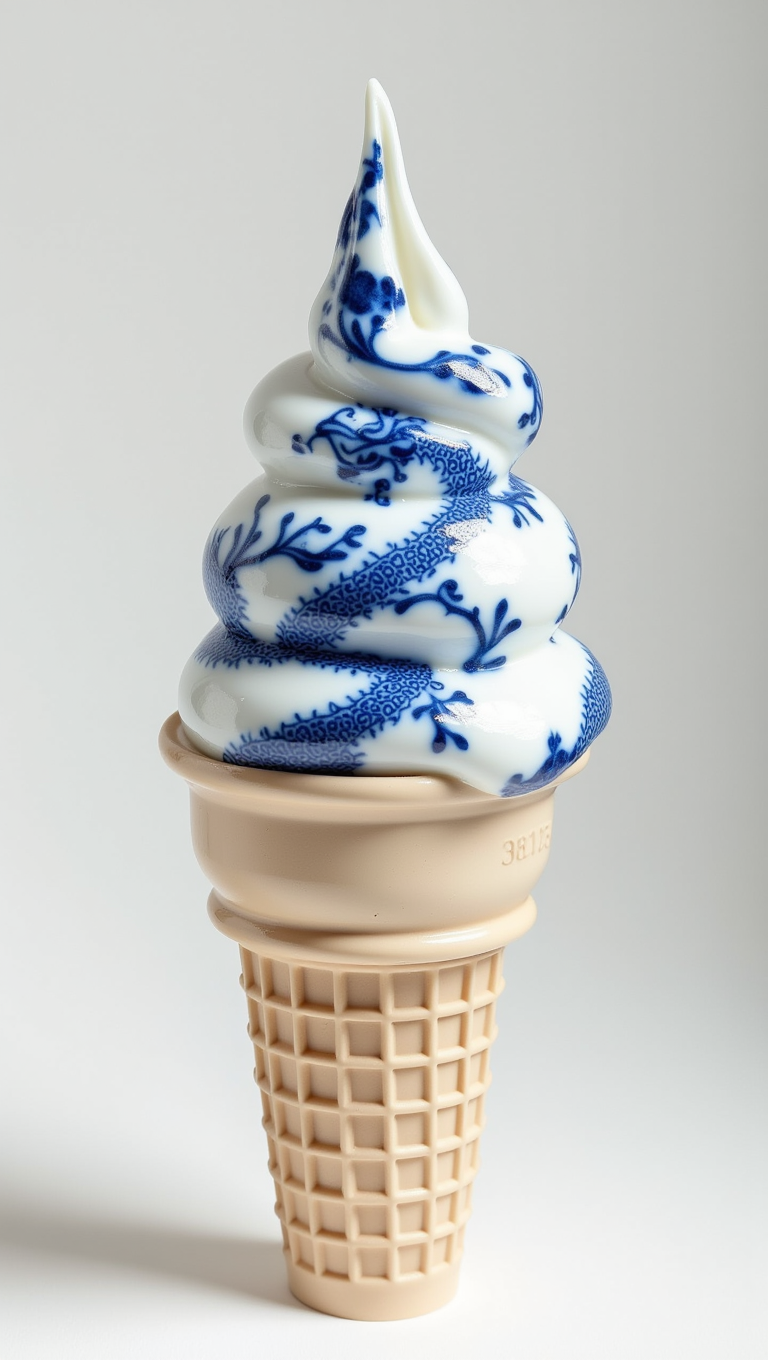 An ice cream cone standing upright against a plain light gray background, featuring a swirled soft-serve top decorated with intricate blue and white porcelain patterns resembling traditional Chinese ceramic designs. The cone itself is a standard tan-colored waffle cone with a typical grid pattern. 
