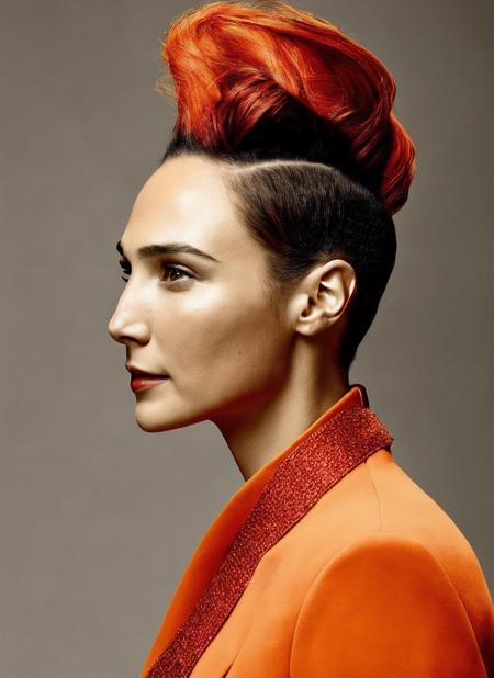 <lora:lora_gal_gadot:1.15>, portrait of ((sks woman)) by Flora Borsi, style by Flora Borsi, bold, bright colours, orange Mohawk haircut, ((Flora Borsi))