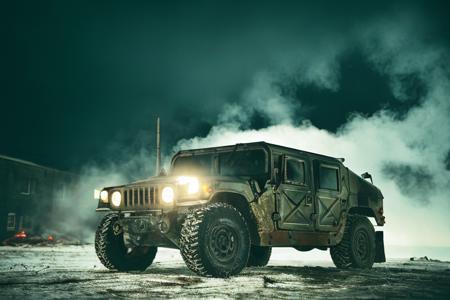 analog gloomy photo of an arctic camo HUMVEE car,  <lora:humv33:1.0>, ((zombie apocalypse:1.2)), ((surrounded by zombies:1.3)), (living dead), ((winter)), ((snow)), (horror movie), ((nighttime)), driving through a decayed city, ruins, dilapidated buildings, ((green fumes)), High Detail, Sharp focus, (photorealism), realistic, best quality, 8k, award winning, dramatic lighting, epic, cinematic, masterpiece, rim light, ambient fog:1.2,